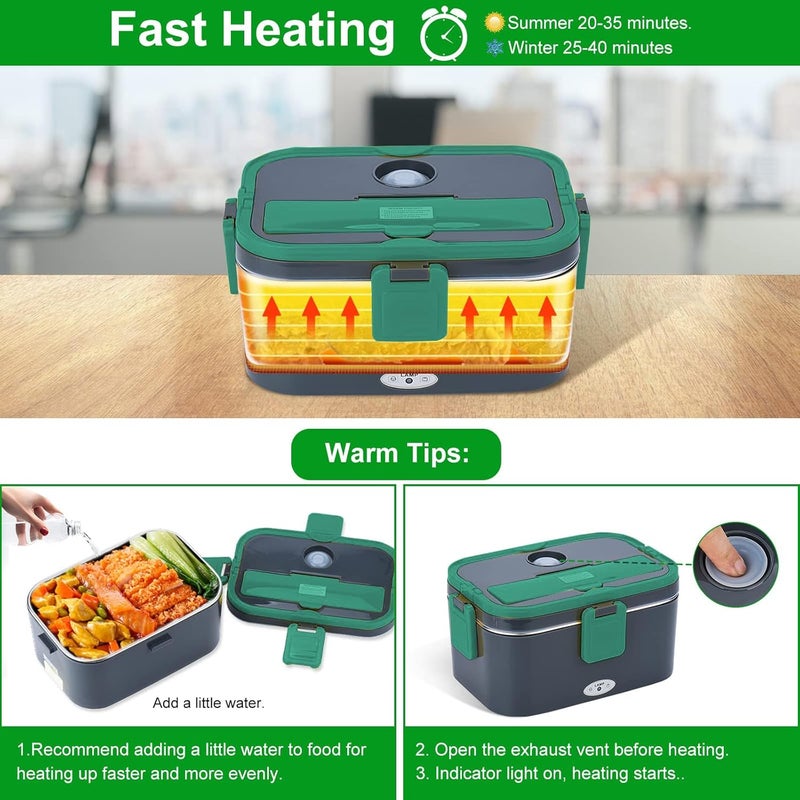 FVW Electric Lunch Box Food Heater, Portable High-Power Food Warmer for Car & Home, Smart Automatic Heating Hot Meal Container with Detachable 304 Stainless Steel Box, Fork & Spoon - Image 3